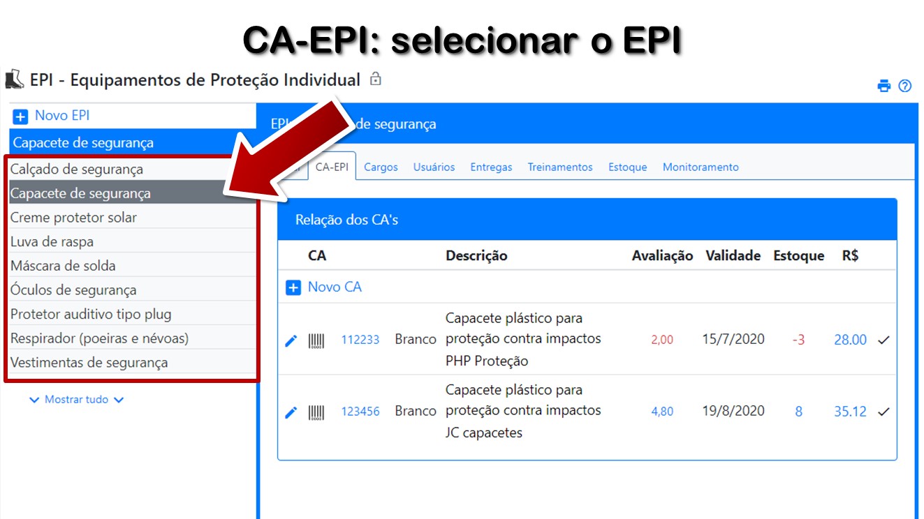 CA-EPI: selecionar o EPI