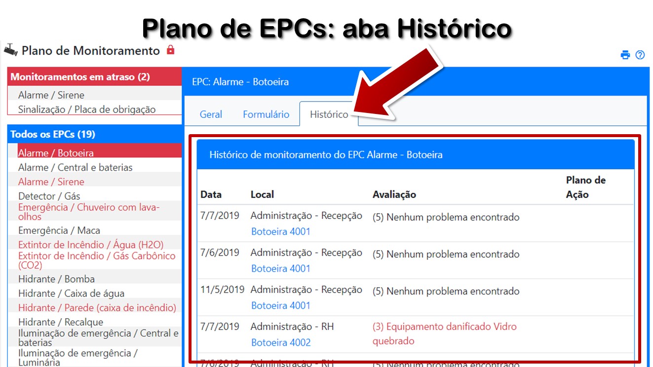 Plano de EPCs: aba Histórico